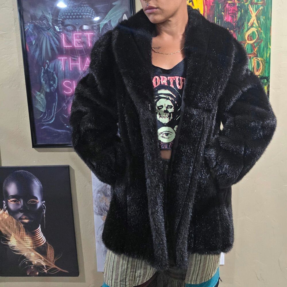 80s Olympia Limited Plush Grunge Gothcore Black Faux Fur Coat Jacket Size Small